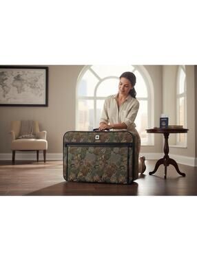 Vintage Leisure brand tapestry suitcase with a jungle floral pattern.
